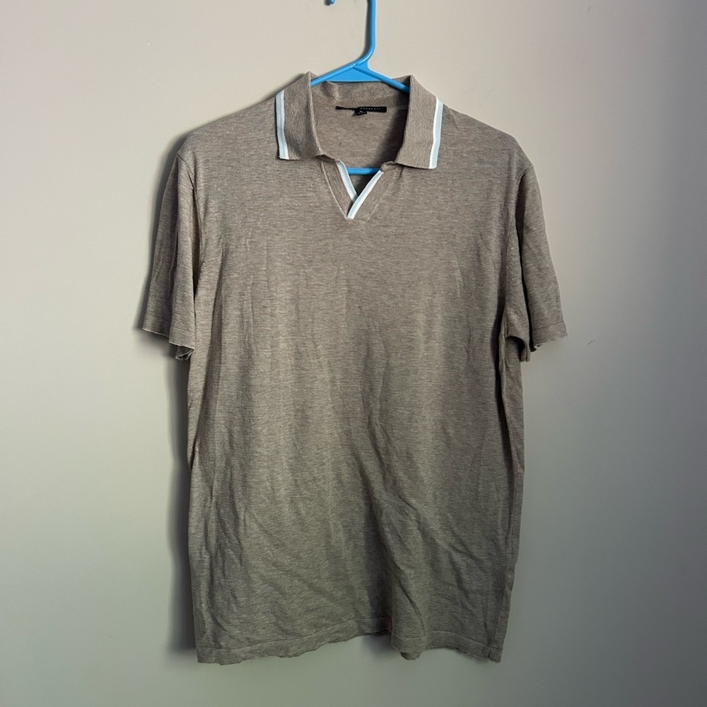 Robert Barakett Short Sleeve Open Collar Sweater Tan Size Medium